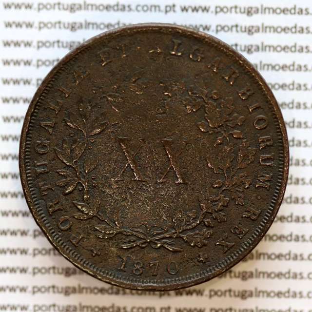 Portugal, copper coin of XX Réis 1870 of D. Luis I, 20 Réis 1870 rarest date of the Series, (VF+), World Coins Portugal KM 515