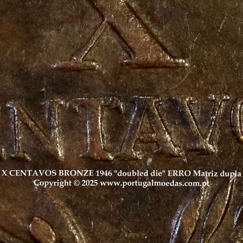 "doubled die" ERRO Matriz dupla em X centavos 1946 Bronze Republica Portuguesa, (MBC+), World Coins Portugal KM 583