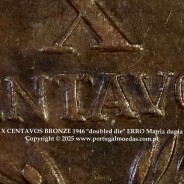 "doubled die" ERRO Matriz dupla em X centavos 1946 Bronze Republica Portuguesa, (MBC+), World Coins Portugal KM 583