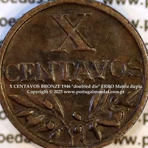 "doubled die" ERRO Matriz dupla em X centavos 1946 Bronze Republica Portuguesa, (MBC+), World Coins Portugal KM 583