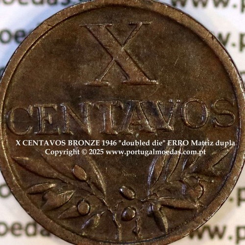 "doubled die" ERRO Matriz dupla em X centavos 1946 Bronze Republica Portuguesa, (MBC+), World Coins Portugal KM 583