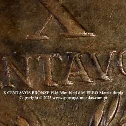 Portugal, rare variant coin of "doubled die" error of 10 centavos 1946, duplication on "X CENTAVOS", World Coins Portugal KM 583