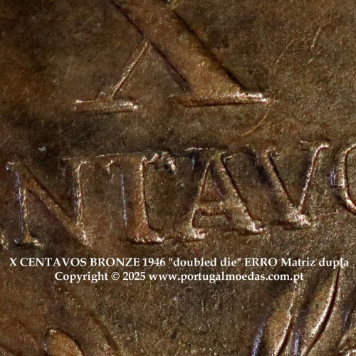 "doubled die" ERRO Matriz dupla em X centavos 1946 Bronze Republica Portuguesa, (MBC+), World Coins Portugal KM 583