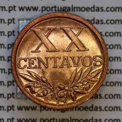 Portugal, bronze coin of 20 centavos 1951 Portuguese Republic, XX centavos 1951 Bronze, (UNC), World Coins Portugal KM 584