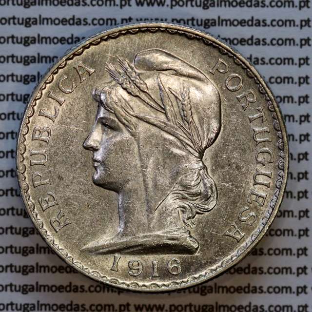 1 Escudo 1916 prata, 1$00 escudo prata 1916 da Republica Portuguesa, (MBC+), World Coins Portugal KM 564