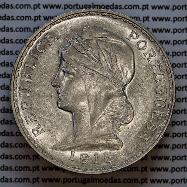1 Escudo 1915 prata, 1$00 escudo prata 1915 Republica Portuguesa, (MBC+/Bela-), World Coins Portugal KM 564