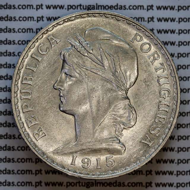 1 Escudo 1915 prata, 1$00 escudo prata 1915 Republica Portuguesa, (MBC+/Bela-), World Coins Portugal KM 564