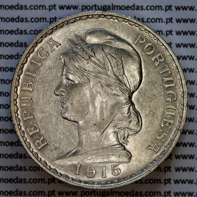 1 Escudo 1915 prata, 1$00 escudo prata 1915 Republica Portuguesa, (MBC+), World Coins Portugal KM 564