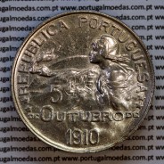 1 Escudo 5 Outubro 1910 em prata, 1 escudo 1914 prata da comemoração da Implantação da República, World Coins Portugal KM 560