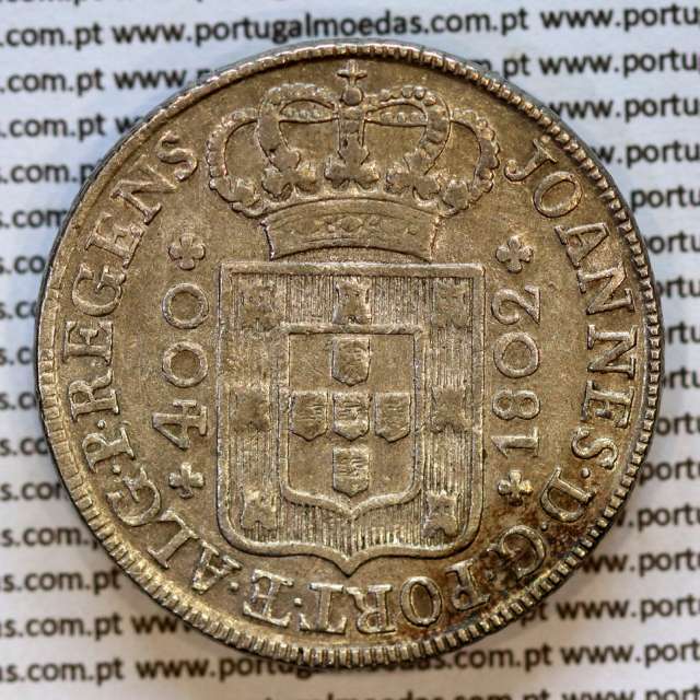 Cruzado Novo prata 1802 D. João Príncipe Regente, 480 Reis prata 1802, coroa baixa de 45 pérolas, diadema losango 2 pontos
