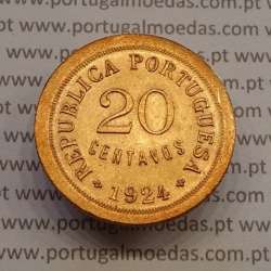 20 Centavos 1924 Bronze, ($20) Vinte centavos 1924 da Republica Portuguesa, (Bela), World Coins Portugal KM 574