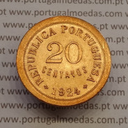 20 Centavos 1924 Bronze, ($20) Vinte centavos 1924 da Republica Portuguesa, (Bela), World Coins Portugal KM 574