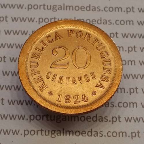 20 Centavos 1924 Bronze, ($20) Vinte centavos 1924 da Republica Portuguesa, (Bela), World Coins Portugal KM 574