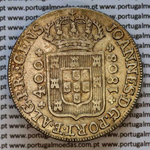Cruzado Novo prata 1808 D. João Príncipe Regente, 480 Réis, Eixo Vertical, coroa média de 31 pérolas, diadema losango 1 ponto