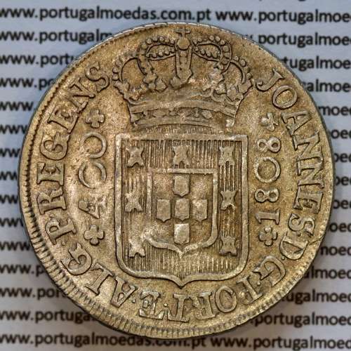 Cruzado Novo prata 1808 D. João Príncipe Regente, 480 Reis prata 1808, coroa alta com 44 pérolas, diadema losango 2 pontos