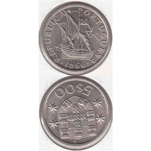 5$00 escudos 1966 cupro-níquel, 5 Escudos 1966 cuproníquel da República Portuguesa, (MBC), World Coins Portugal KM 591