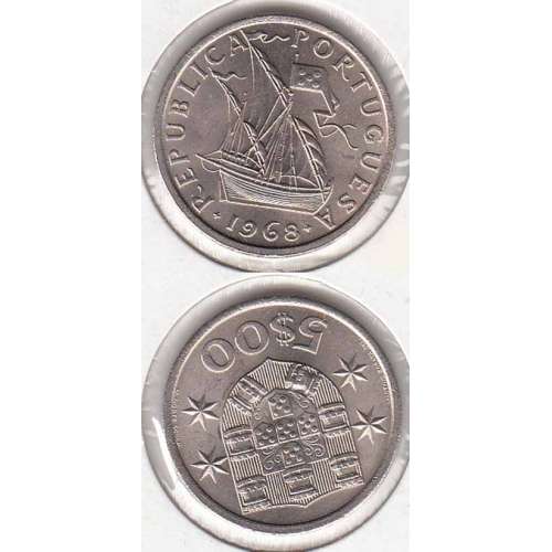 5$00 escudos 1968 cupro-níquel, 5 Escudos 1968 cuproníquel da República Portuguesa, (BC), World Coins Portugal KM 591