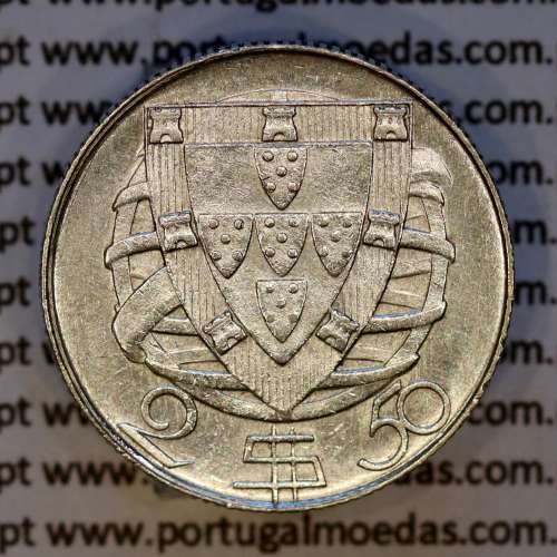 2$50 1937 ou 2.50 1937 prata, 2 escudos e 50 centavos 1937 em prata da Republica Portuguesa, (MBC+/Bela), Portugal KM 580