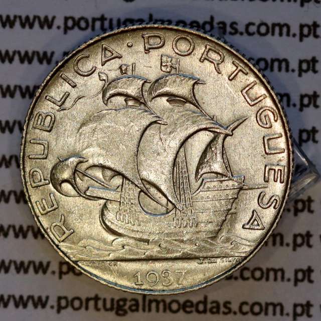 2$50 1937 ou 2.50 1937 prata, 2 escudos e 50 centavos 1937 em prata da Republica Portuguesa, (MBC+/Bela), Portugal KM 580