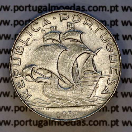 2$50 1937 ou 2.50 1937 prata, 2 escudos e 50 centavos 1937 em prata da Republica Portuguesa, (MBC+/Bela), Portugal KM 580