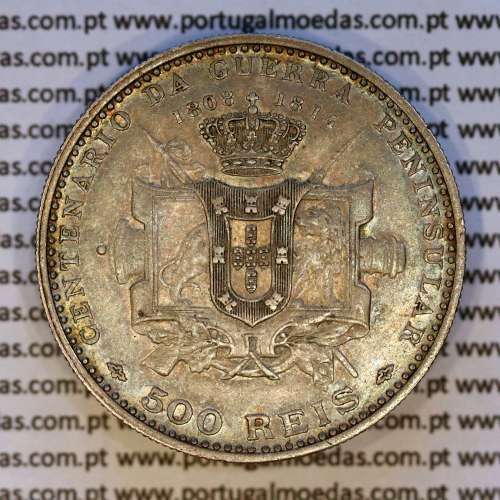 500 réis 1910 prata D. Manuel II, Centenário da Guerra Peninsular de 1808-1814, (MBC+/Bela-), World Coins Portugal KM 556.