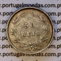 50 Réis 1875, D. Luís I, Meio Tostão em prata de 1875, data mais rara da série (Bela). World Coins Portugal, KM 506