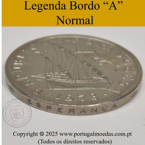 10$00 escudos 1974 níquel, 10 Escudos 1974 cuproníquel, Legenda no bordo normal (A), (Bela/Soberba), World Coins Portugal KM 600