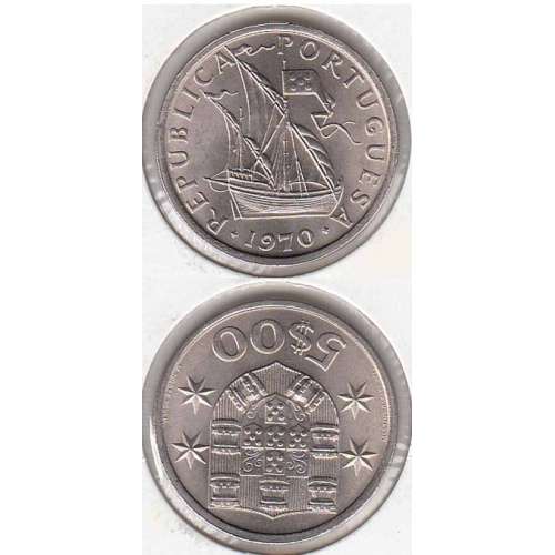 Portugal, coin of 5 Escudos 1970, 5$00 Escudos 1970 Copper-Nickel Portuguese Republic,  World Coins Portugal KM 591