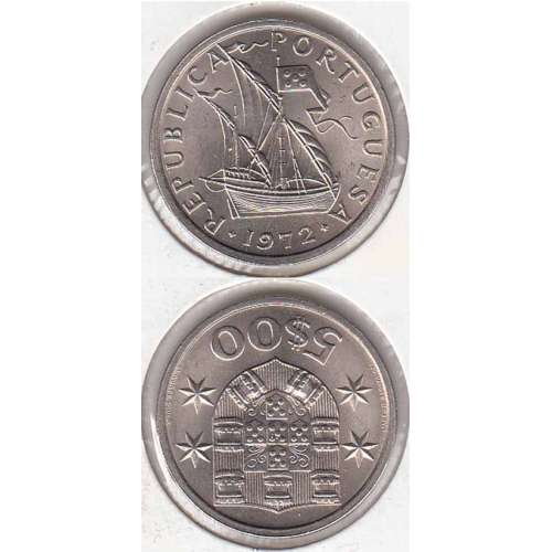 5$00 escudos 1972 cupro-níquel, 5 Escudos 1972 cuproníquel da República Portuguesa, World Coins Portugal KM 591