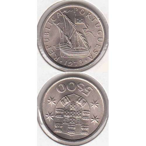 Portugal, coin of 5 Escudos 1973, 5$00 Escudos 1973 Copper-Nickel Portuguese Republic, World Coins Portugal KM 591