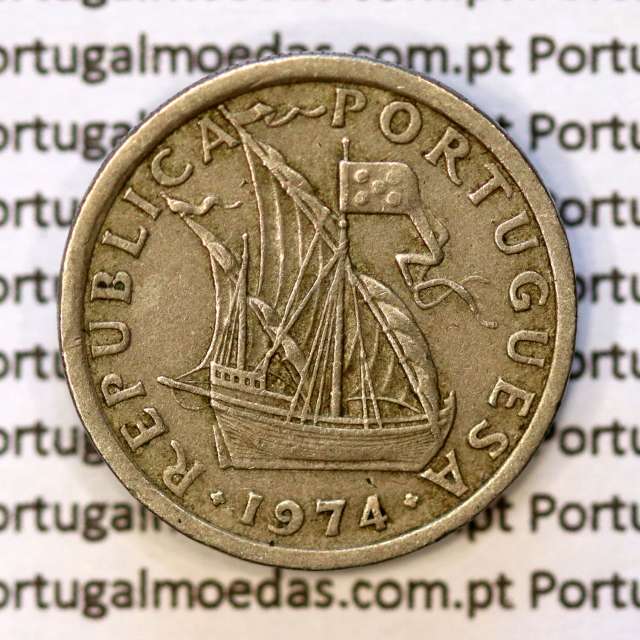 5$00 escudos 1974 cupro-níquel, 5 Escudos 1974 cuproníquel da República Portuguesa, (MBC), World Coins Portugal KM 591