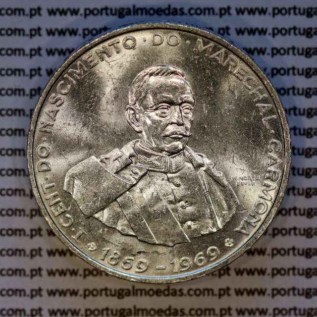 Portugal, silver coin of 50 Escudos 1969 Marechal Carmona, edge inscription inverted, (AU), World Coins Portugal KM 599.