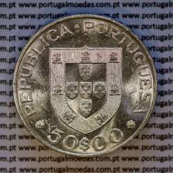 Portugal, silver coin of 50 Escudos 1969 Marechal Carmona, edge inscription inverted, (AU), World Coins Portugal KM 599.