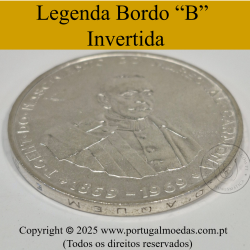 Portugal, silver coin of 50 Escudos 1969 Marechal Carmona, edge inscription inverted, (AU), World Coins Portugal KM 599.
