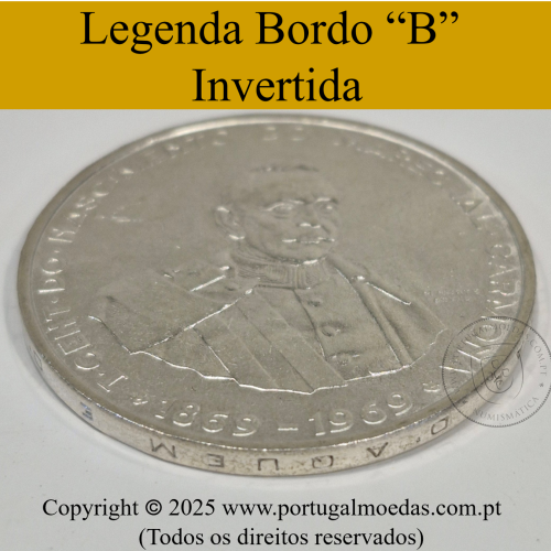 Portugal, silver coin of 50 Escudos 1969 Marechal Carmona, edge inscription inverted, (AU), World Coins Portugal KM 599.