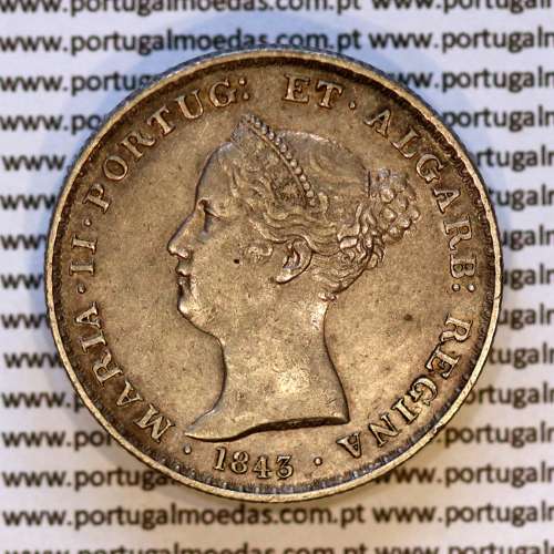 Portugal, silver coin of 500 réis 1843 of D. Maria II, Silver 5 Tostões of 1843, (AU), World Coins Portugal KM 471a