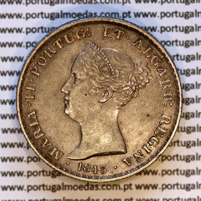 Portugal, silver coin of 500 réis 1843 of D. Maria II, Silver 5 Tostões of 1843, (AU), World Coins Portugal KM 471a