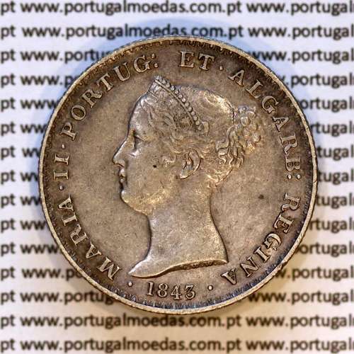 500 réis 1843 prata D. Maria II, 5 Tostões prata 1843, (Bela), World Coins Portugal KM 471c