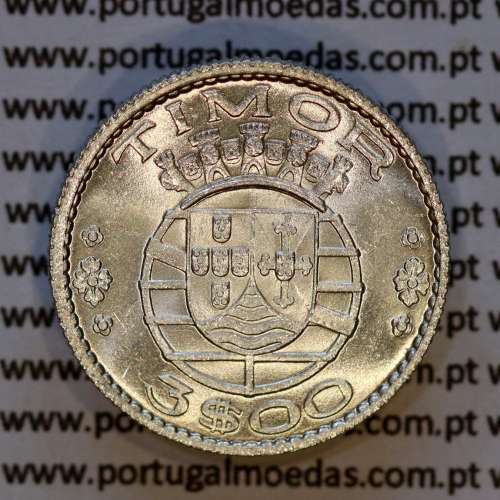Timor, silver coin of 3 Escudos 1958, (3$00) Escudos 1958 Former Portuguese colony of Timor, (UNC), World Coins Timor KM 14 c