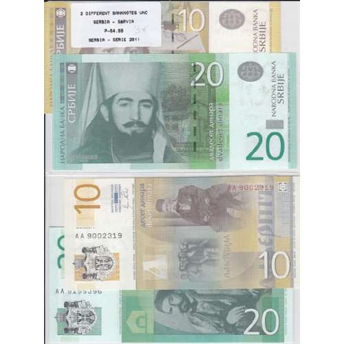 SÉRVIA - LOTE DE 2 NOTAS DIFERENTES - SERIE 2011 (NÃO CIRCULADAS)