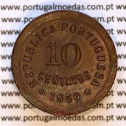 Portugal, Bronze coin of 10 centavos 1930, ten centavos 1930 of Portuguese Republic, (VF+), World Coins Portugal KM 573