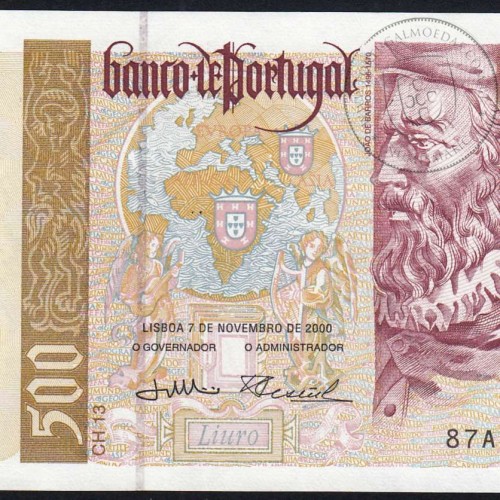 Nota de 500 Escudos 2000 João de Barros, 500$00 07/11/2000 Chapa: 13 - Banco de Portugal (Não Circulada), Pick 187