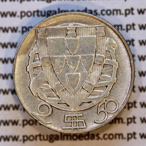 2$50 1937 ou 2.50 1937 prata, 2 escudos e 50 centavos 1937 em prata da Republica Portuguesa, (MBC), Portugal KM 580
