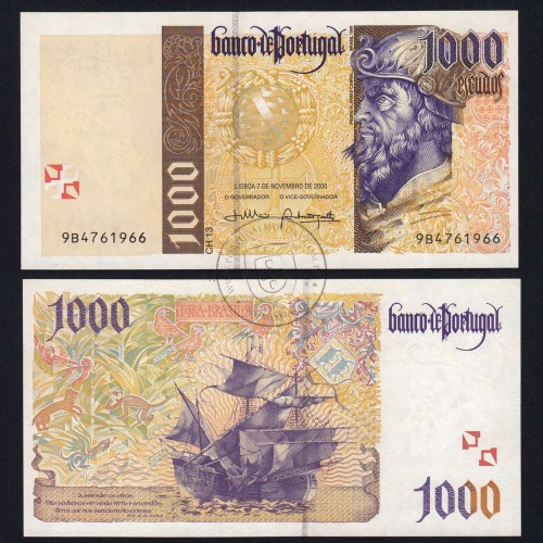 1000 Escudos banknote 2000 Pedro Alvares Cabral, 1000$00 07/11/2000 Plate: 13 - Bank of Portugal (Uncirculated), Pick 188