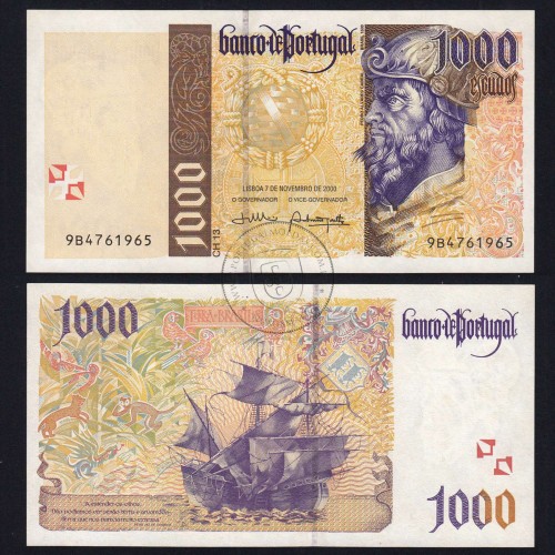 1000 Escudos banknote 2000 Pedro Alvares Cabral, 1000$00 07/11/2000 Plate: 13 - Bank of Portugal (Uncirculated), Pick 188
