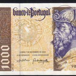 1000 Escudos banknote 2000 Pedro Alvares Cabral, 1000$00 07/11/2000 Plate: 13 - Bank of Portugal (Circulated), Pick 188