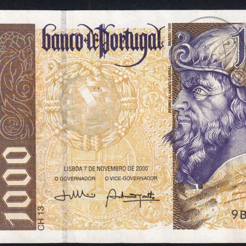 1000 Escudos banknote 2000 Pedro Alvares Cabral, 1000$00 07/11/2000 Plate: 13 - Bank of Portugal (Circulated), Pick 188