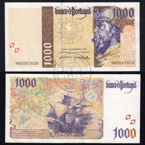 Nota de 1000 Escudos 2000 Pedro Alvares Cabral, 1000$00 07/11/2000 Chapa: 13 - Banco de Portugal (Circulada), Pick 188
