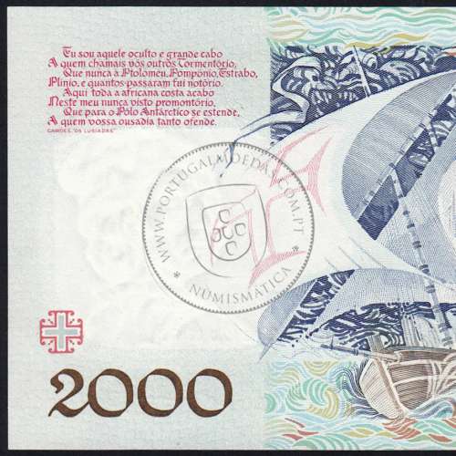 Banknote 2000 Escudos 23-5-1991 Bartolomeu Dias,Plate: 1, Bank of Portugal, World Paper Money Pick 186, (Uncirculated)