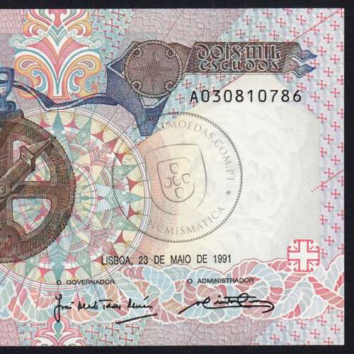 Banknote 2000 Escudos 23-5-1991 Bartolomeu Dias,Plate: 1, Bank of Portugal, World Paper Money Pick 186, (Uncirculated)